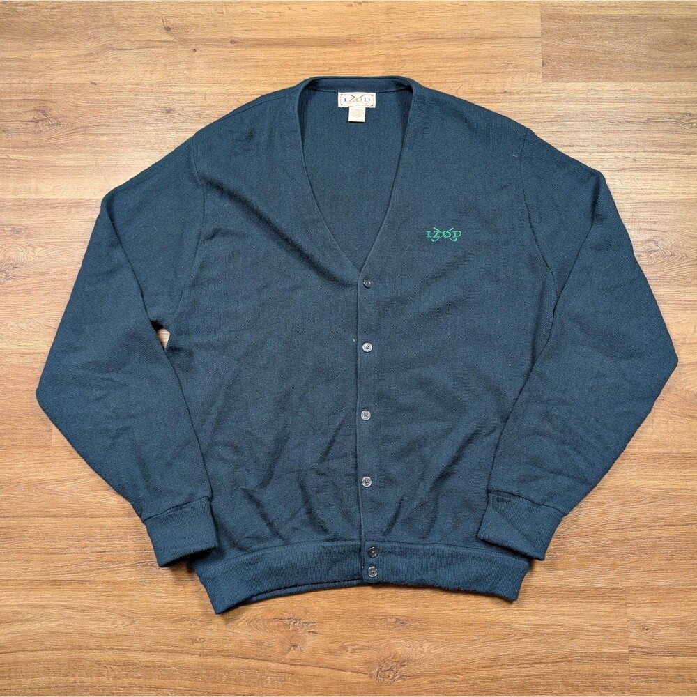 Vintage IZOD Knit Cardigan Sweater Size XL Green Crest Logo Preppy Golf